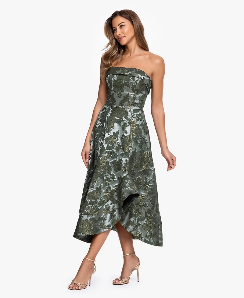 Xscape Women's Strapless Brocade Asymmetrical Hem Midi Dress