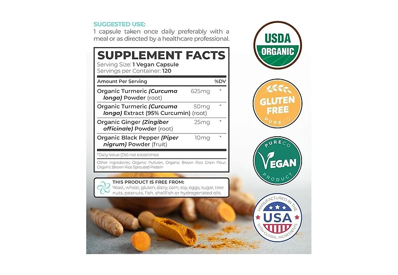 Pure Co. Organic Turmeric with Ginger and Pepper, 120 Count