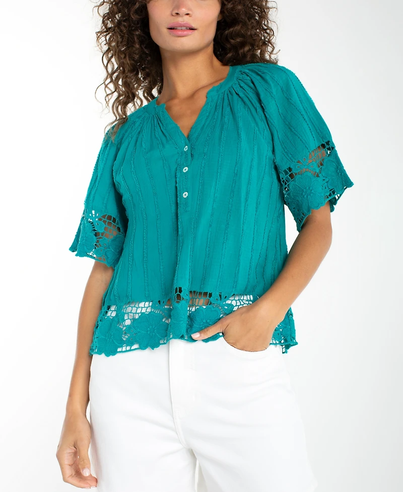 Liverpool Los Angeles Women's Short-Sleeve Lace Trim Top