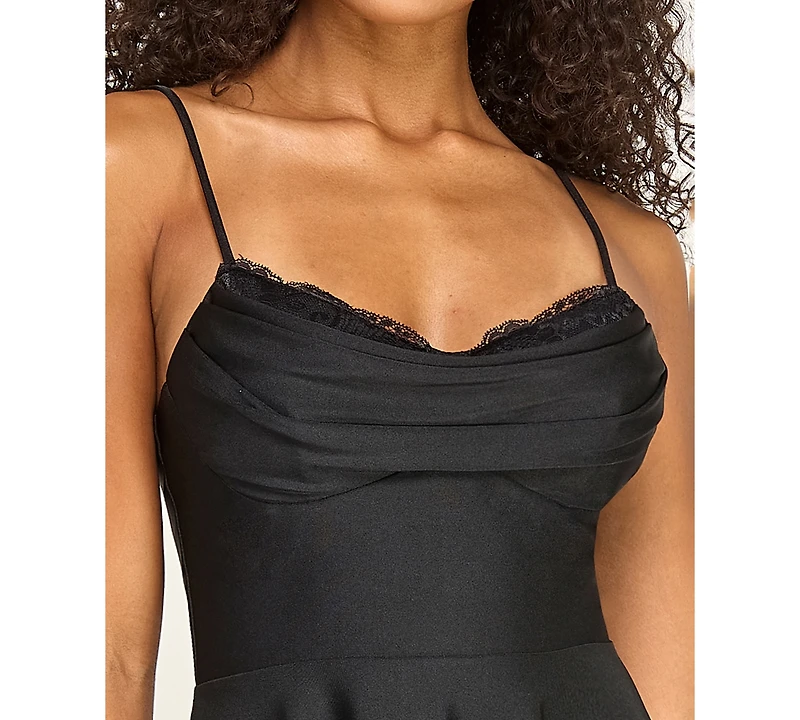 City Studios Juniors' Satin Lace-Trim Fit & Flare Dress