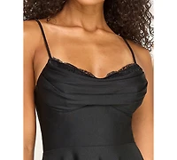 City Studios Juniors' Satin Lace-Trim Fit & Flare Dress