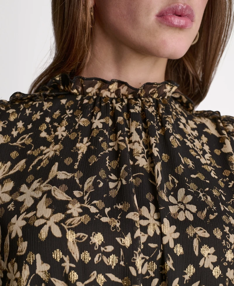 Bcbg Women's Printed Puff Short-Sleeve Mock Neck Dress