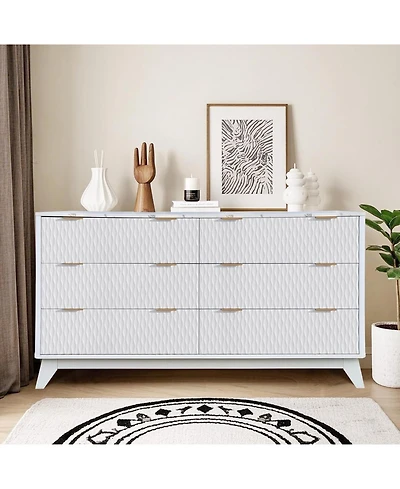 gaomon 6-Drawer Fluted Wood Dresser, Faux Marble Top, Modern Storage Organizer for Bedroom, Living Room, Hallway, Entryway