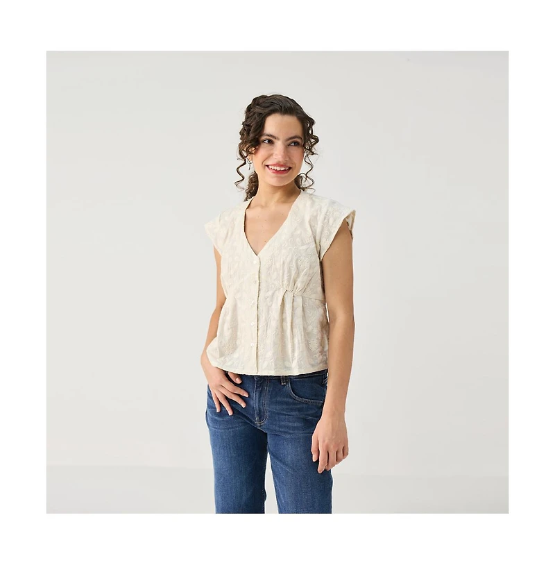 Reistor Women's Cream Embroidered Deep V-Neck Top