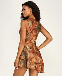 Seni & Cade Juniors' Printed Cowl Neck Asymmetrical Ruffle Hem Short Dress