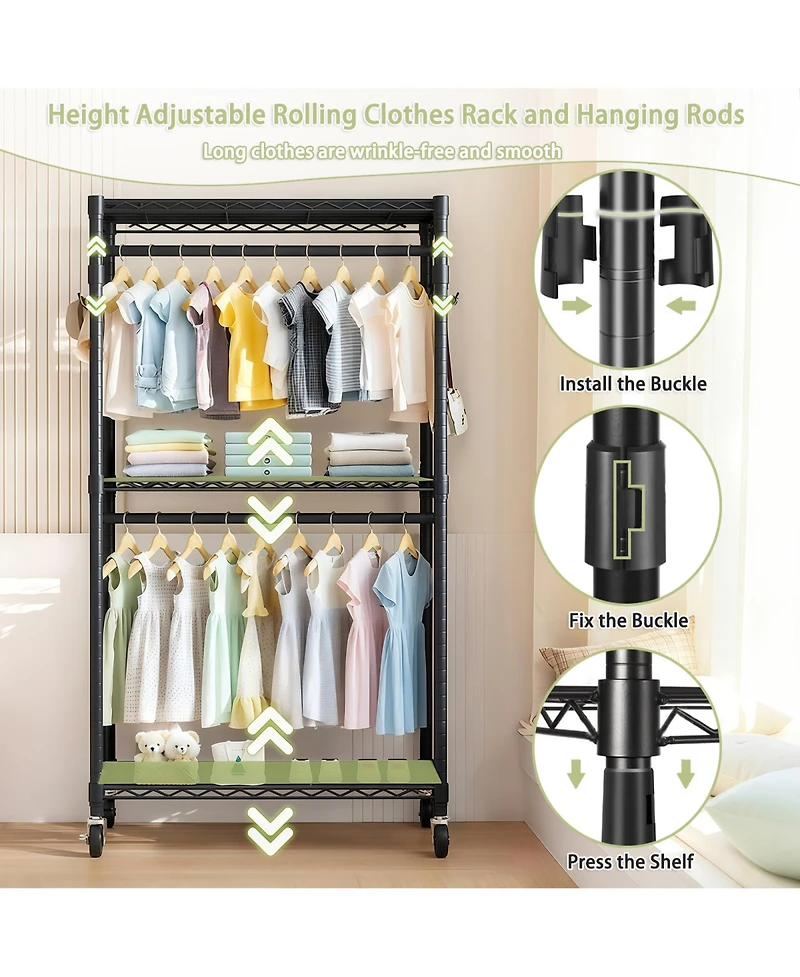 Rainsken Heavy Duty Clothing Rack with Wheels, Closet Organizer with Adjustable Metal Wire Shelving, 2 Clothes Rails and Side Hooks for Bedroom