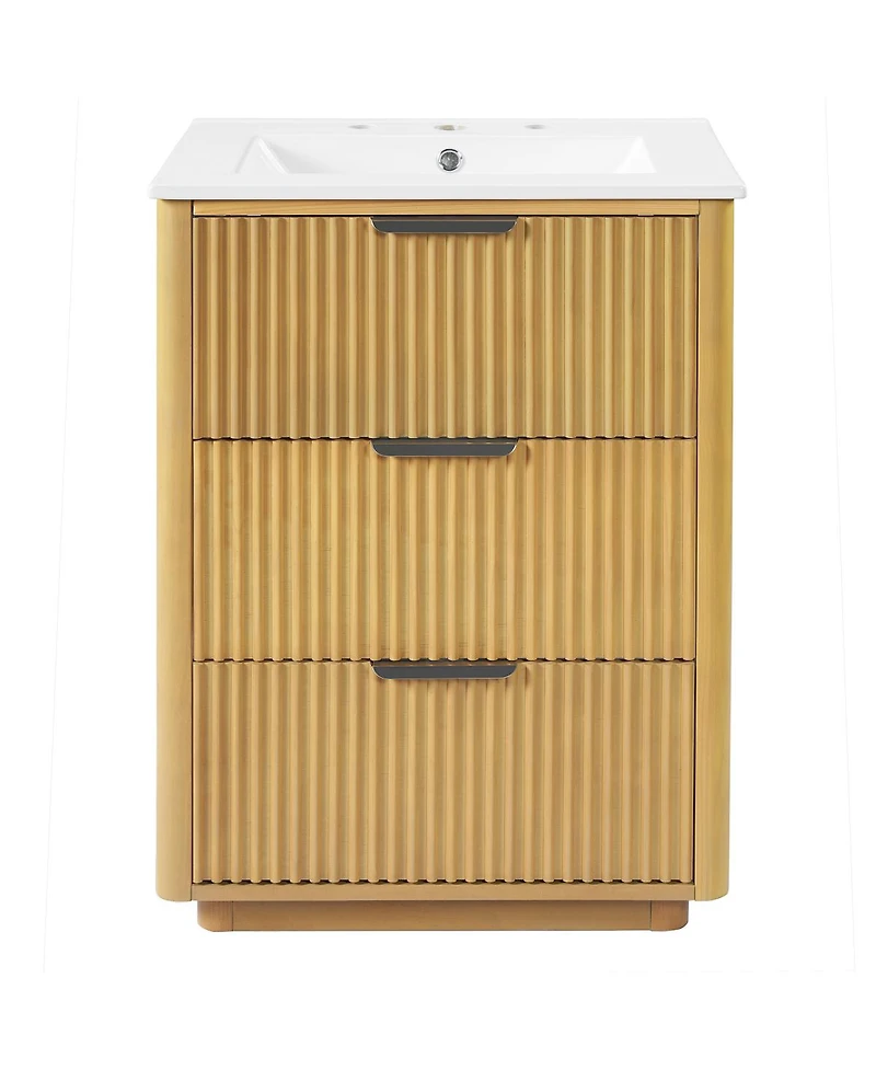 Sillysis 24 Inch Modern Bathroom Vanity with Ceramic Sink, Solid Wood Mdf Cabinet, Fluted Drawers for Small Spaces