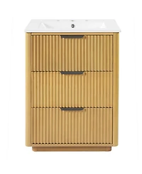 Sillysis 24 Inch Modern Bathroom Vanity with Ceramic Sink, Solid Wood Mdf Cabinet, Fluted Drawers for Small Spaces