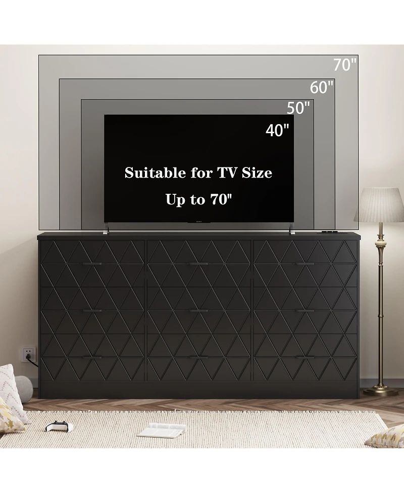homfan Modern 9-Drawer Dresser with Power Outlet and Charging Station, Tv Stand, Metal Handles, Organizer for Bedroom, Living Room