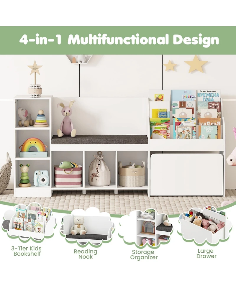Gymax Wooden Kids Bookshelf with Reading Nook Padded Seat Open Cubes Adjustable Shelf