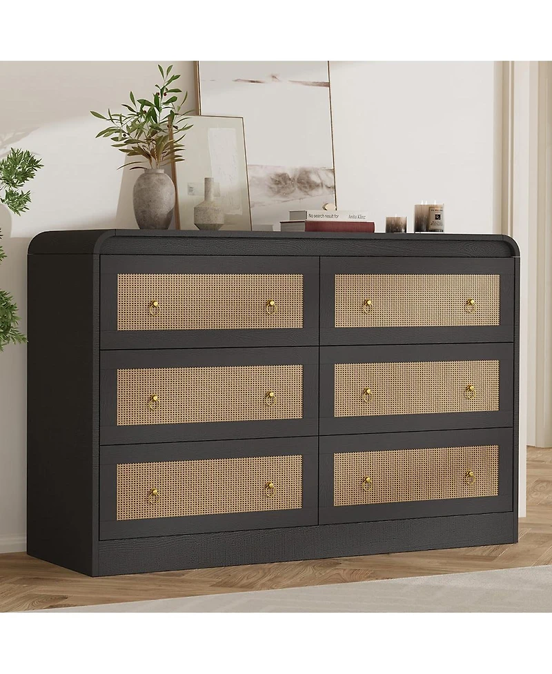 homfan 46''Wide Rattan Dresser,6 Drawer Dresser for Bedroom,Dressers and Chests of Drawers,Modern Chest Drawers Bedroom,Living Room,Hallway