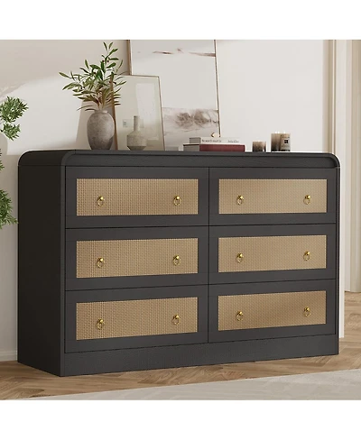 homfan 46''Wide Rattan Dresser,6 Drawer Dresser for Bedroom,Dressers and Chests of Drawers,Modern Chest Drawers Bedroom,Living Room,Hallway