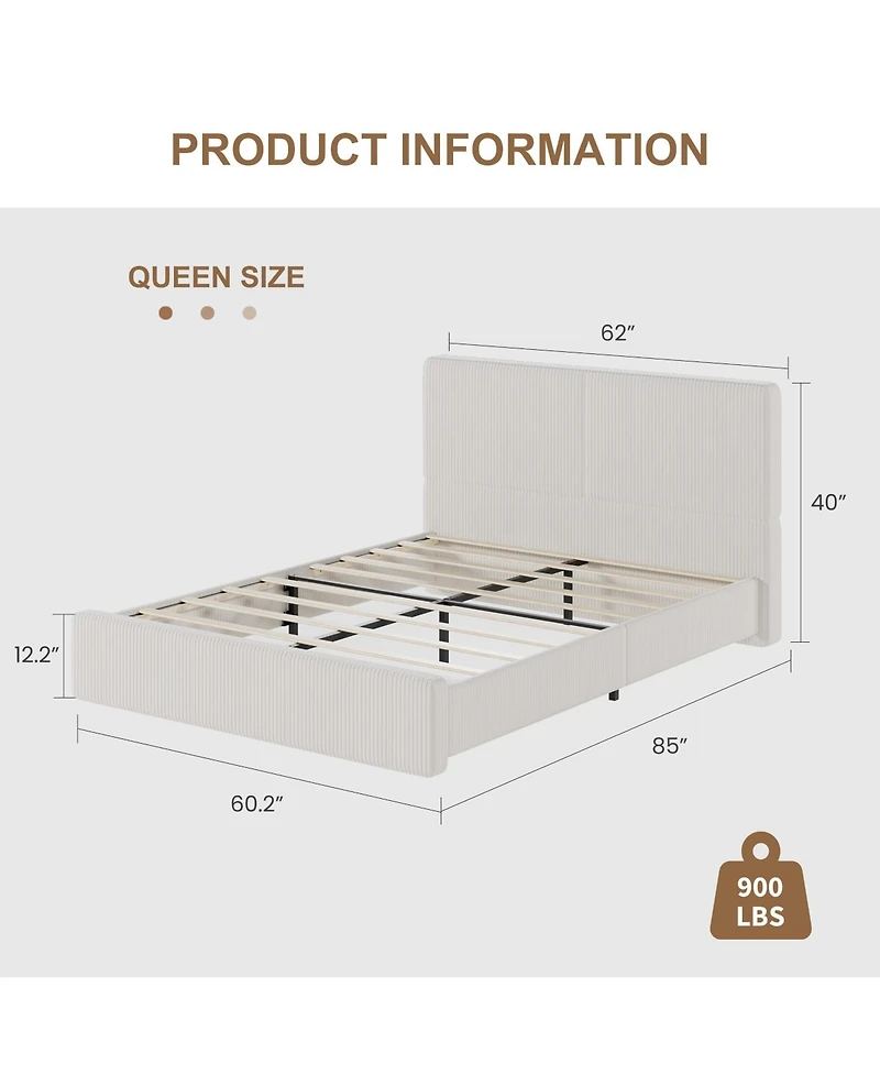 homfan Upholstered Platform Bed Frame with Headboard, Corduroy or Pu Cover, Wooden Slats and Quiet Support, No Box Spring Needed