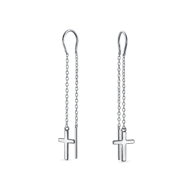 Bling Jewelry Long Chain Dangle Spiritual Religious Cross Threader Earrings