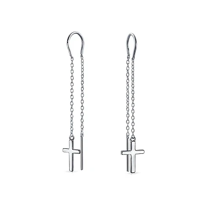 Bling Jewelry Long Chain Dangle Spiritual Religious Cross Threader Earrings