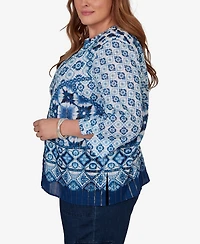 Alfred Dunner Plus Indigo Girls Ikat Tie-Dye Patchwork Henley Top