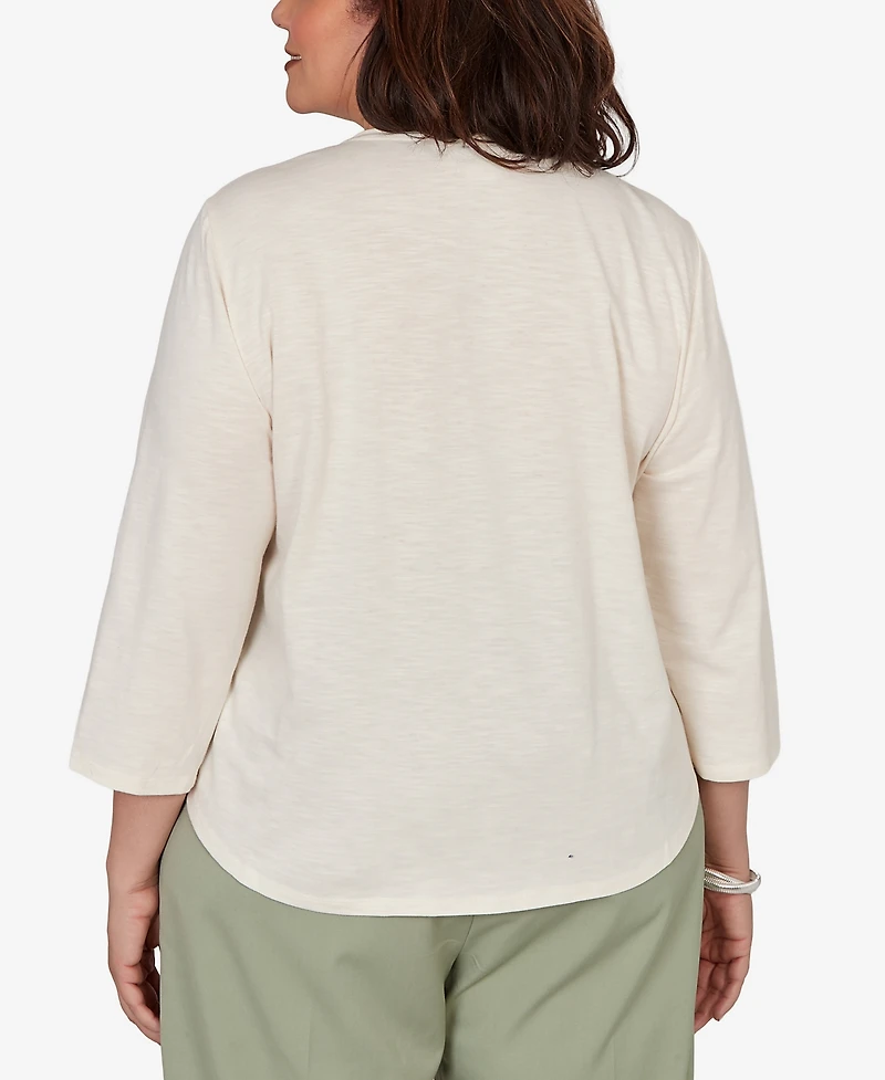 Alfred Dunner Plus Indigo Girls Sequined Floral Mesh Overlay Knit Top