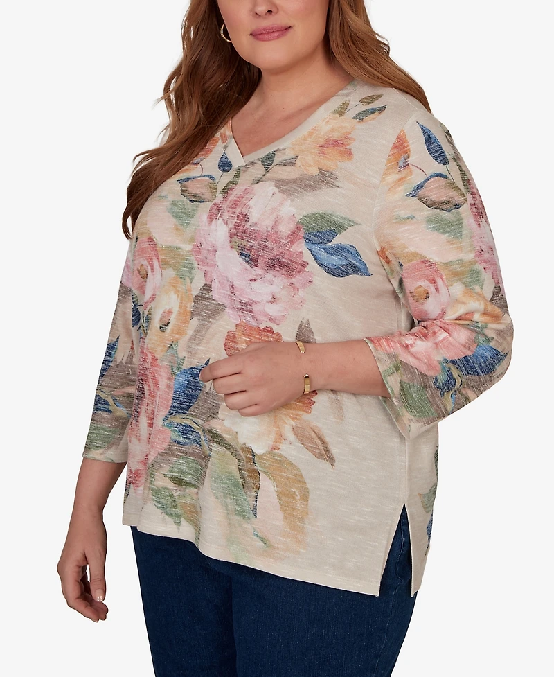 Alfred Dunner Plus Camden Market Bold Roses V-Neck Knit Top