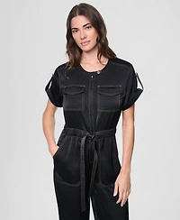Dkny Women's Short-Sleeve Contrast Stitch Straight Jumpsuit
