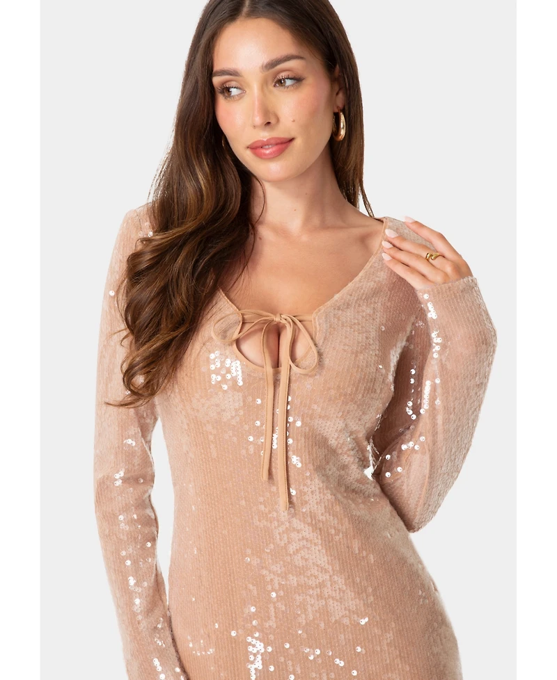 Bebe Women's Sequin Long Sleeve Tie Front Dress
