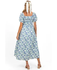 Pinkblush Maternity Blue Floral Smocked Ruffle Accent Midi Dress