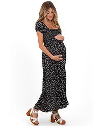 Pinkblush Maternity Black Floral Smocked Puff Sleeve Maxi Dress