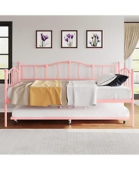 homfan Metal Daybed with Trundle, Twin Day Bed with Heart Design Headboard, Steel Slat Support, No Box Spring Needed