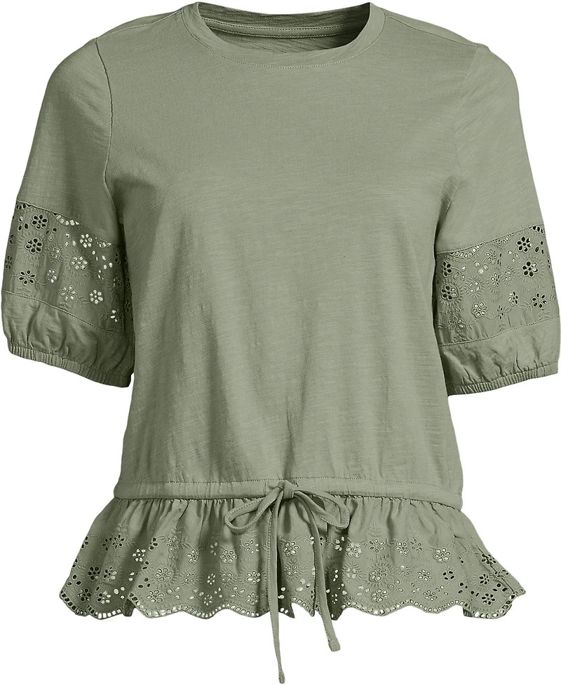 Lands' End Women's Elbow Sleeve Slub Lace Trim Adjustable Hem Top