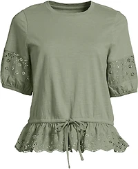 Lands' End Women's Elbow Sleeve Slub Lace Trim Adjustable Hem Top