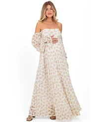 Pinkblush Maternity Orange Floral Lace Smocked Long Sleeve Off Shoulder Maxi Dress