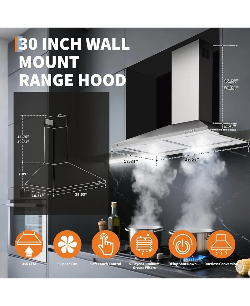 Xo 30 Inch 250 Cfm Wall Mounted Range Hood, Ducted, Ductless Convertible Duct for Kitchen