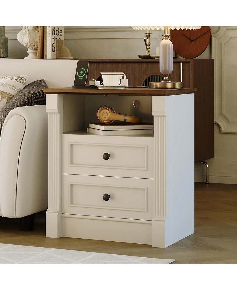 gaomon 23.6" Wide Farmhouse Nightstand with Charging Station and 2 Drawers, Rustic Wood Bedside Table, End Table for Bedroom Living Room