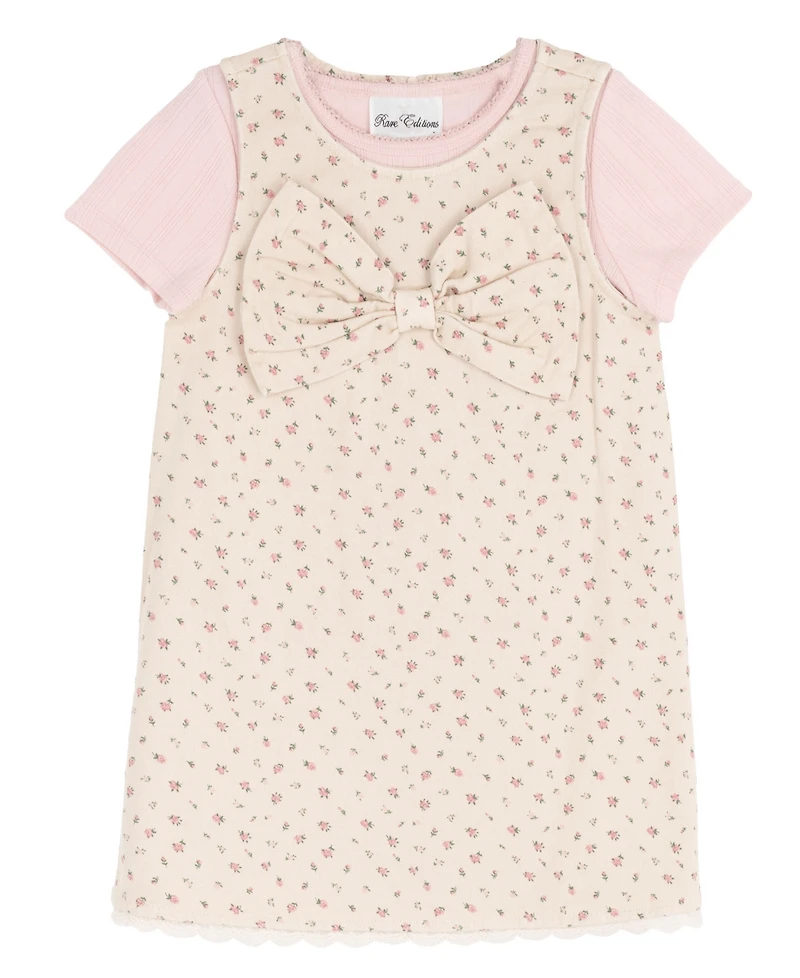 Rare Editions Girls' 2T-6X Printed Denim Jumper with Self Bow