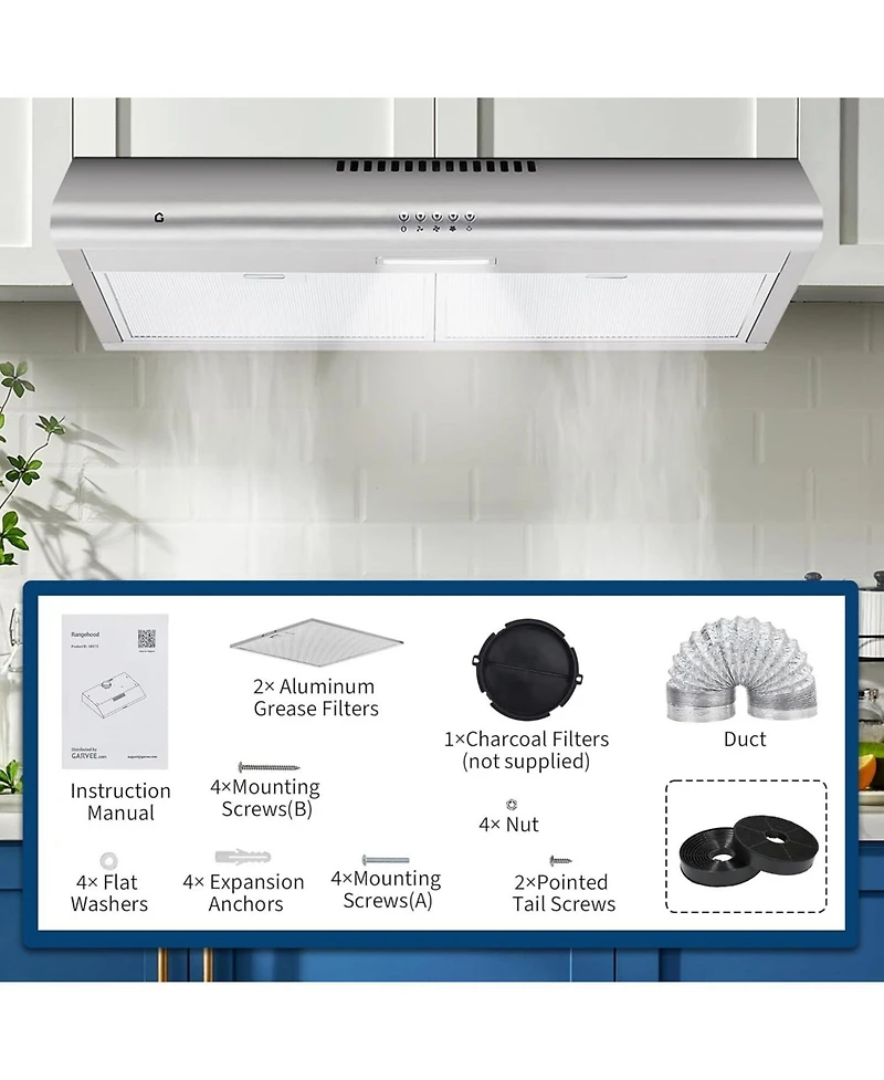 Xo 30 Inch 750 Cfm Stainless Steel Under Cabinet Range Hood, Ducted/ Ductless Kitchen Vent Hood