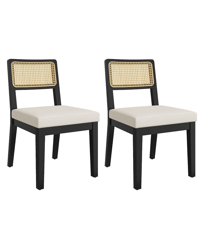 homfan Modern Armless Rattan Dining Chairs, Set of 2 – Upholstered Linen Seat, Sturdy Wood Frame, Breathable Rattan Backrest – Ideal for Kitchen