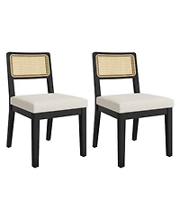 homfan Modern Armless Rattan Dining Chairs, Set of 2 – Upholstered Linen Seat, Sturdy Wood Frame, Breathable Rattan Backrest – Ideal for Kitchen