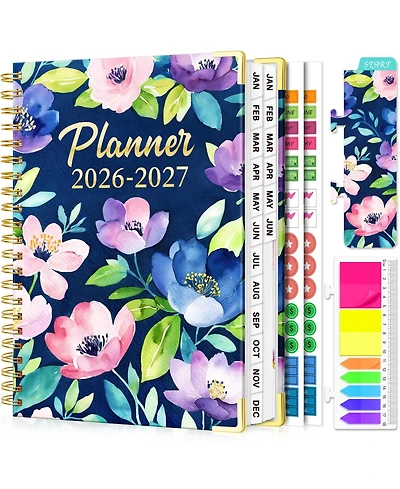 Gnuadz Planner18 Month Weekly Monthly Hardcover Calendar Tabs Pocket Bookmark Stickers Sticky Notes Navy Floral 2026-2027