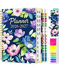 Gnuadz Planner18 Month Weekly Monthly Hardcover Calendar Tabs Pocket Bookmark Stickers Sticky Notes Navy Floral 2026-2027