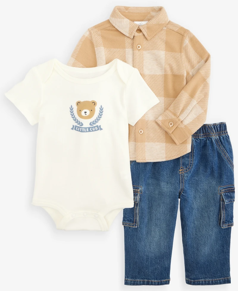 First Impressions Baby Boys' 3M-24M Flannel Shirt, Bodysuit and Cargo Pants, 3-Piece Set, Macy's Exclusive