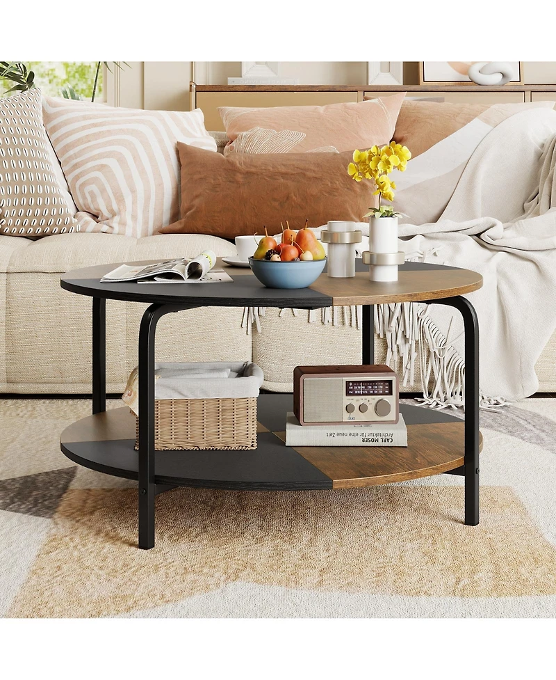Gymax 2-Tier Round Coffee Table With Storage Shelf Metal Frame for Living Room Apartment