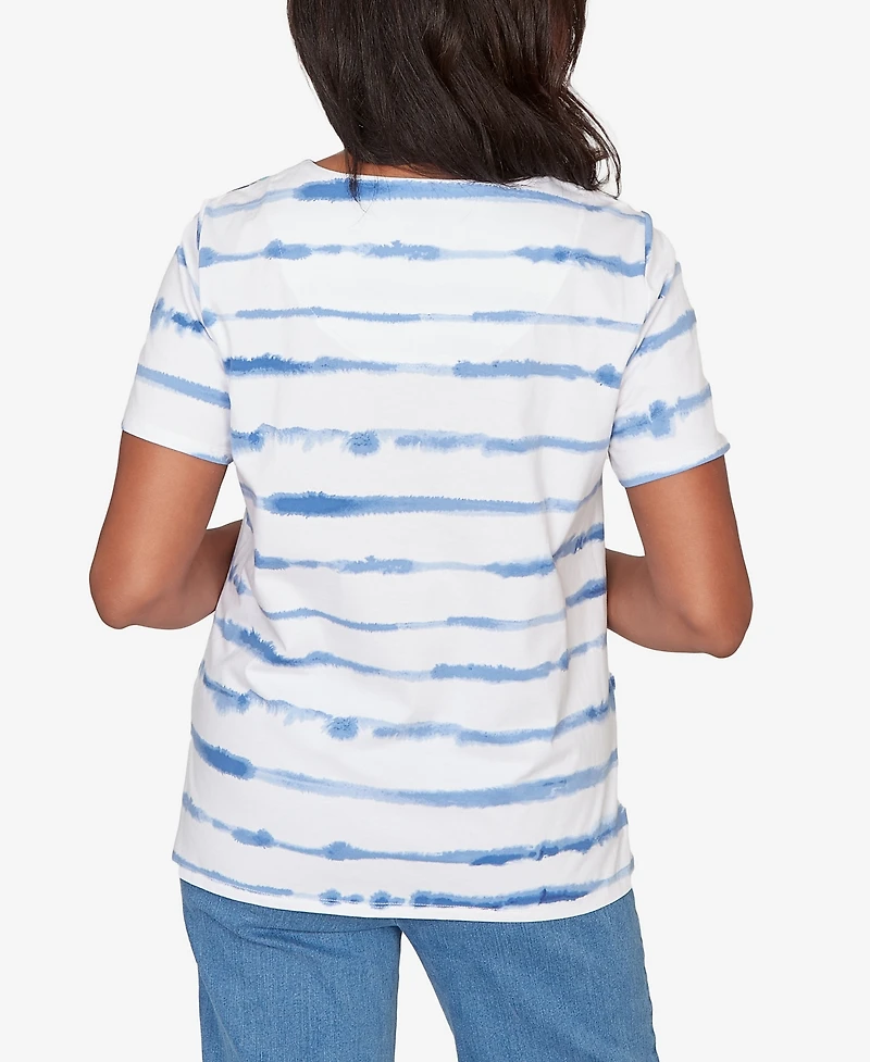 Alfred Dunner Petite Striped Floral Split Neck Top