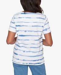 Alfred Dunner Petite Striped Floral Split Neck Top