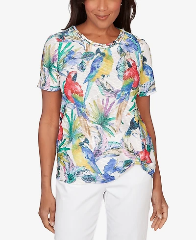 Alfred Dunner Petite Parrot Tropical Beaded Neck Top