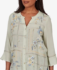 Alfred Dunner Petite Indigo Girls Floral Embroidered Squares Button-Front Top