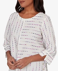 Alfred Dunner Petite Grand Bazaar White Textured Rainbow Stripe Top