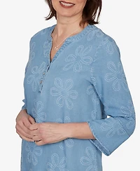 Alfred Dunner Petite Camden Market Tonal Embroidered Soft Henley Top