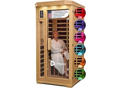 LifePro 1-Person Far Infrared Home Sauna – Indoor Dry Sauna with Canadian Hemlock Wood, Oxygen Ionizer, 7 Chromotherapy Lights, Tempered Glass Door &