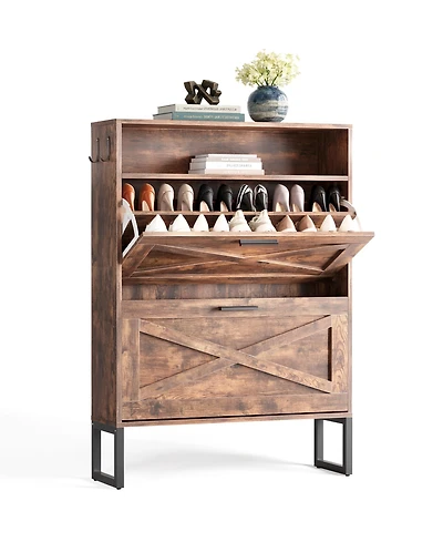 Farmhouse 2-Tier Flip Drawer Shoe Storage Cabinet with Hooks