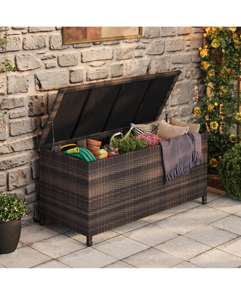 homfan Large Outdoor Storage Box with Wheels and Handles Waterproof Pe Rattan Deck Chest Spacious Weatherproof Bin for Garden, Balcony, Porch