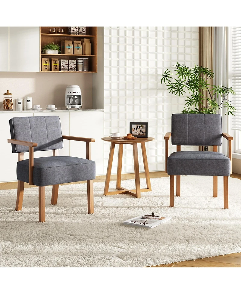 homfan Set of 2 Mid Century Modern Dining Chairs - Linen Upholstered Armchairs Plain Wood Frame Classic Vertical Stripe Design